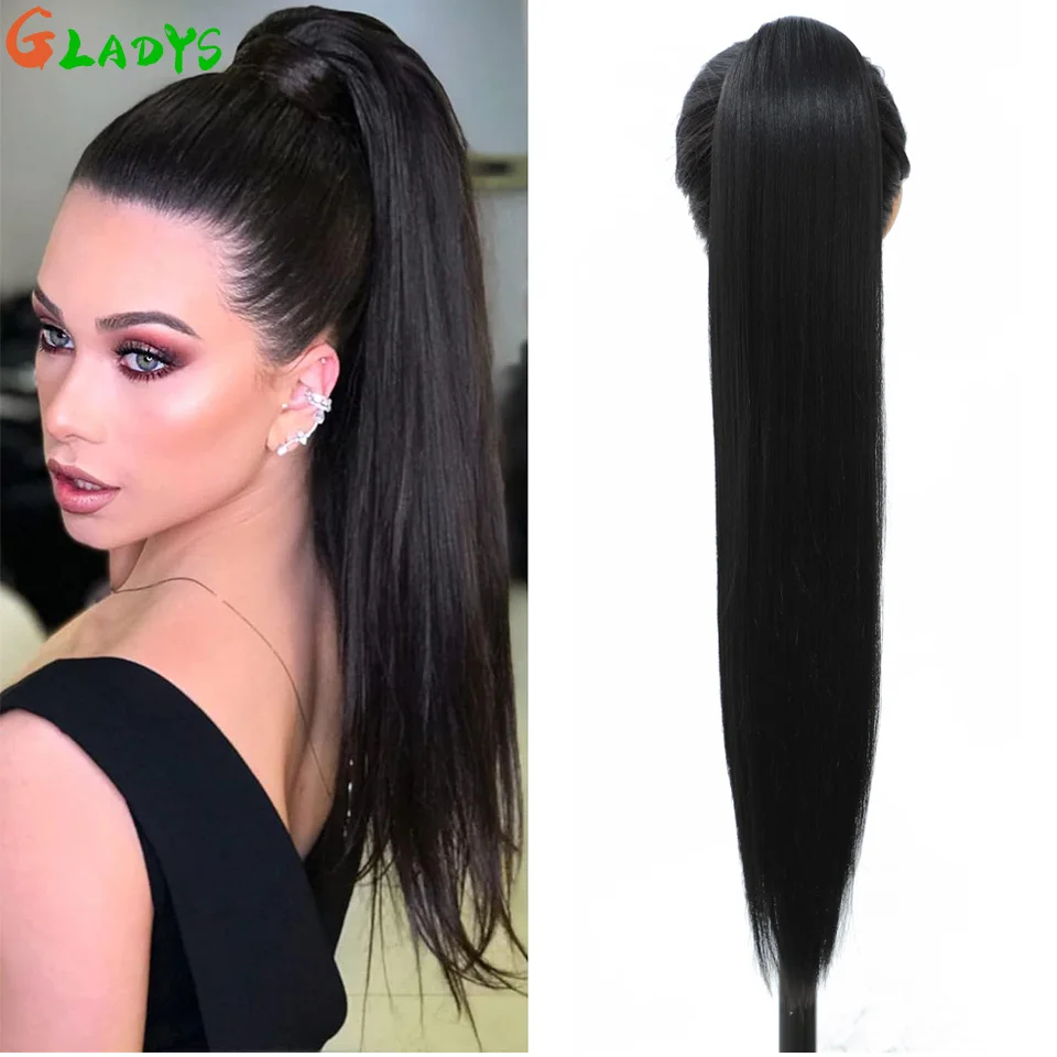 

28 Inch Straight Drawstring Ponytail Extensions Synthetic Hair Ponytail Natural Black High Temperature Fiber Ponytail Extension