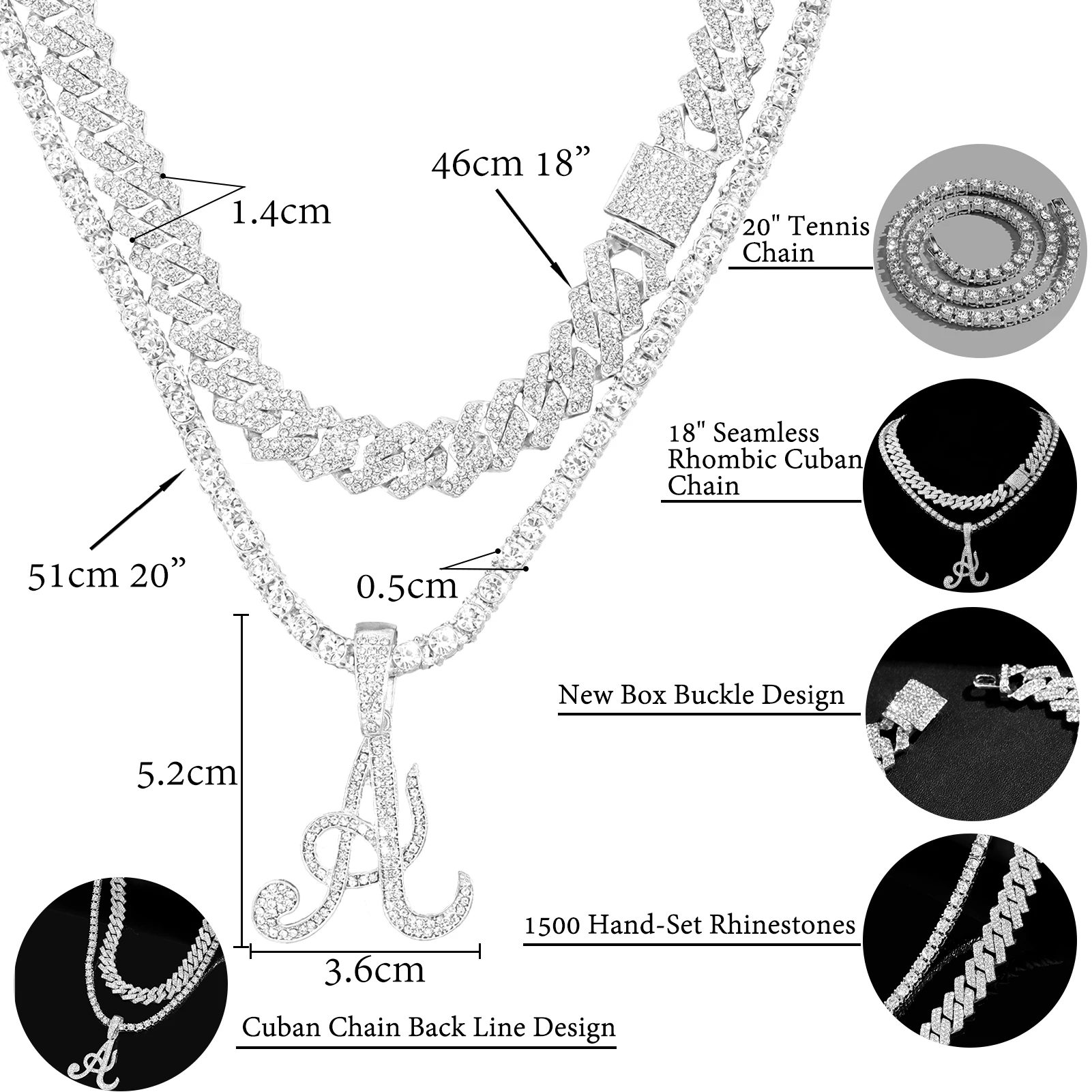 Iced Out Prong Cuban Chain Choker Necklace Bling Crystal Cursive Initial Tennis Chain Letters Pendant Necklaces Birthday Jewelry