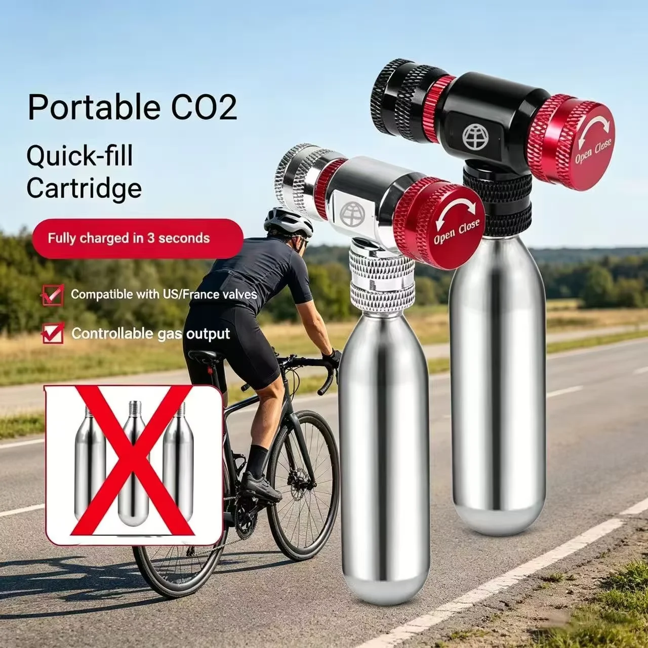 OFFBONDAGE Mini-Fahrrad-CO2-Pumpe, tragbarer Reifenfüller, Schrader-Presta-Adapter, automatische Pumpe aus Aluminiumlegierung, MTB, Rennrad