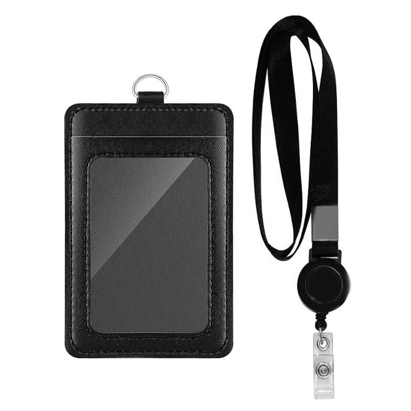 PU Leather Working Permit Case Lanyard Retractable Badge Holder Neck Strap Set for Staff ID Card Cover Case Pass Work Card Cover