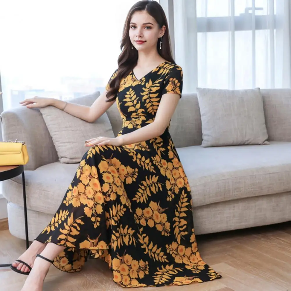 Summer Women Midi Dress Lelegant V-Neck Short Sleeve Waist Tight Casual Dress Leaf Printed Flowy Hem Office Dress For Dating