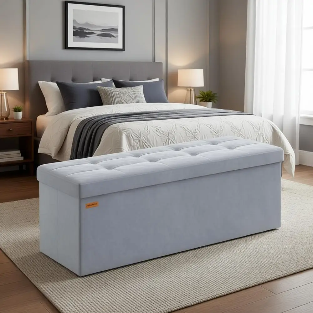 

Gray Velvet Storage Ottoman with Removable Divider, Suitable for Living Room or Bedroom, 15x43x15 Inches, Supports 660 lbs