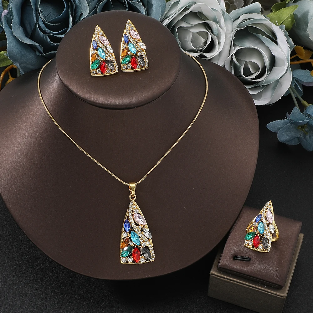 3-piece Set New zircon  pendant necklace + earrings + ring jewelry set  for Women Colored zircon stainless steel golden Set