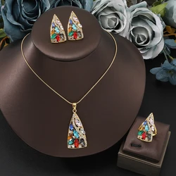 3-piece Set New zircon pendant necklace + earrings + ring jewelry set for Women Colored zircon stainless steel golden Set