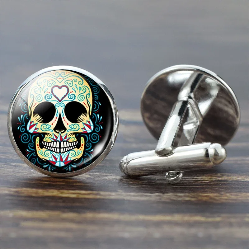 Skull Cufflinks for Men Suit Shirt Best Man Cufflinks Set Sugar Skull Jewelry Glass Cabochon Cuff Links Fashion Gifts