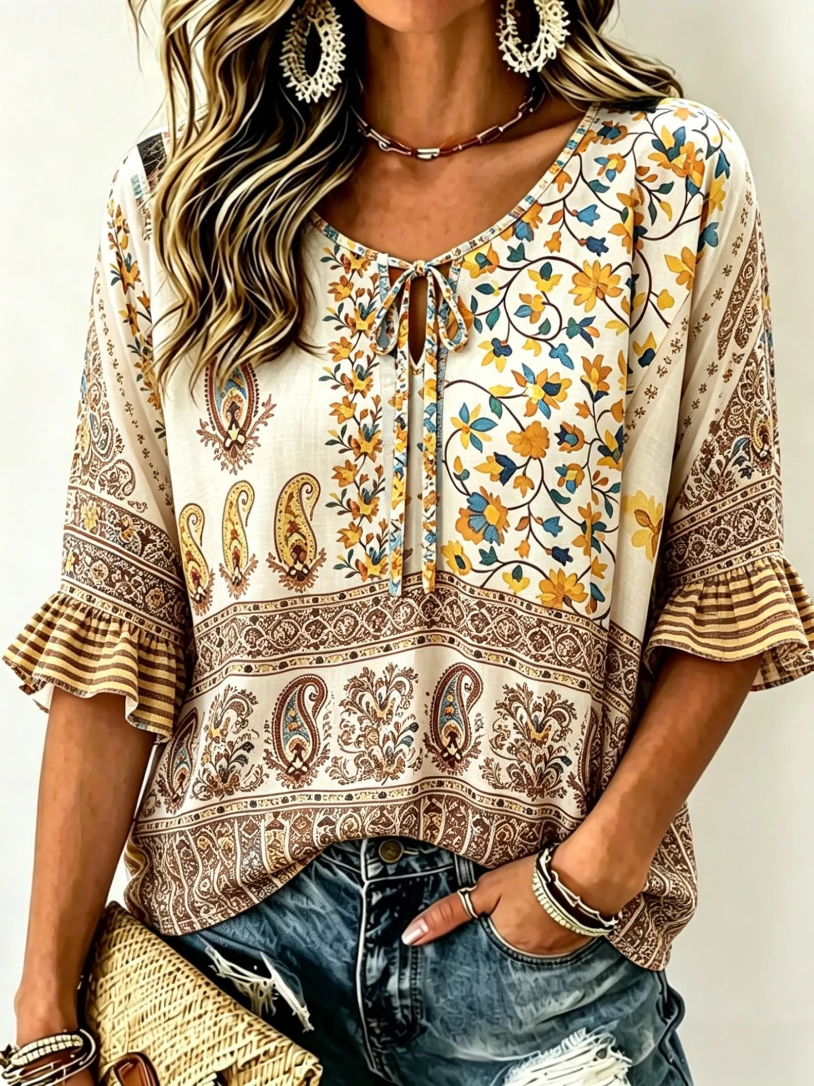

Women's Vintage Paisley Floral Print Tie Front Blouse, Casual Loose Top for Spring Summer Daily Wear
