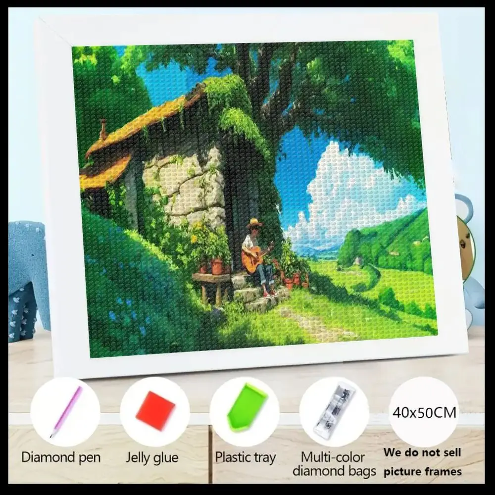 

Набор для алмазной вышивки 5D, 40x50 см, «Спокойная сельская сцена»: деревенский каменный дом, гитарист, зеленые деревья и синее небо
