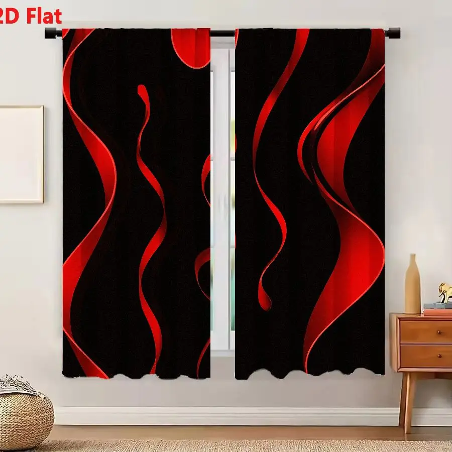 2Pcs Curtains Add 2D Flat Abstract Red Ribbon Flowing On Black Background Window Drapes for Bedroom Room Decor Decoration Window