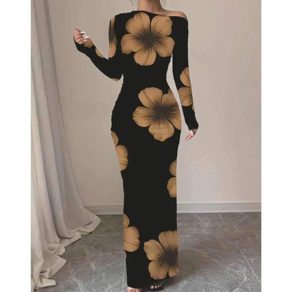

Fashion Printed Women's Dress New Spring Autumn Slim-Fit Off-the-Shoulder Long Sleeve Maxi Length Dress Vestidos Para Mujer