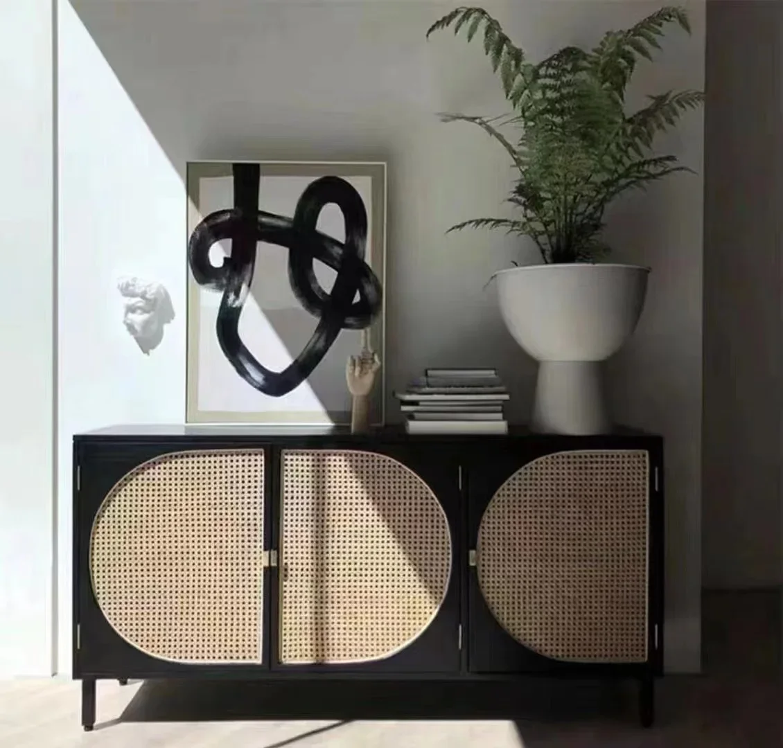 Vintage modern Decorative Solid Wood rattan Sideboard Living Room Dining Room Storage wabi sabi style sideboard cabinet