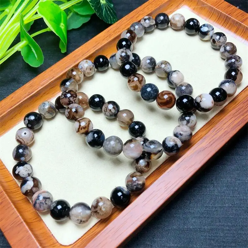 

10MM Natural Black flower Agate Bracelet Reiki Healing Stone Jewelry Holiday Gift For Women Men 1PCS