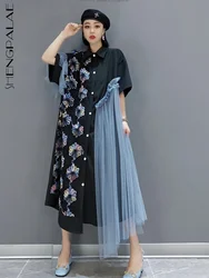 SHENGPALAE Short Sleeve Lapel Cardigan Dress Loose Mid-length Mesh Splicing Printing Irregular Dress Women's 2024 Spring 5R906