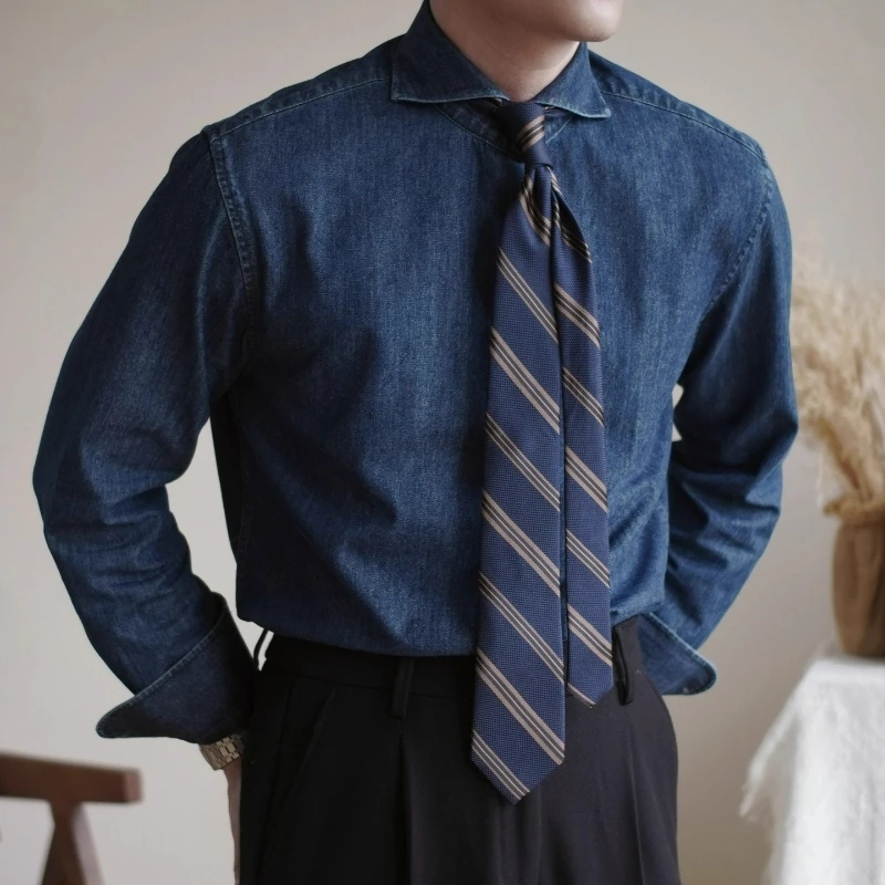 Vintage Windsor Collar Slim-Fit Denim Shirt Gentleman's Long Sleeve Lapel Old Money Wind Dark Blue Casual Shirt