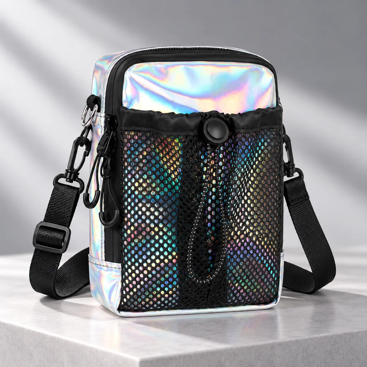 Holographic Mini Crossbody Bag for Women, Small Phone Bag with Mesh Pocket Adjustable Strap for Travel Festival Everyday Carry