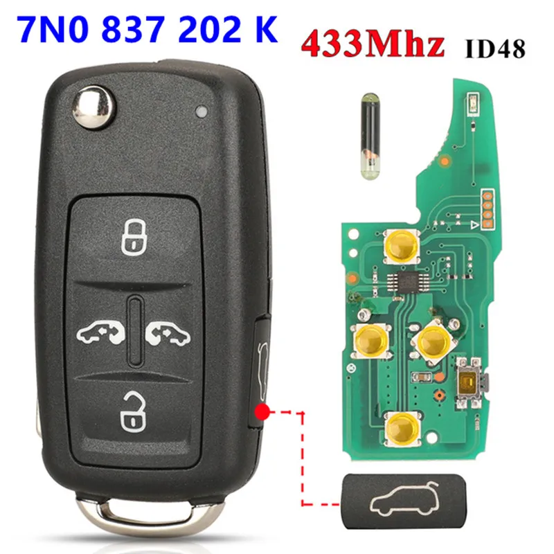 

KEYECU Replacement Flip Remote Key 434MHZ ID48 Chip 7N0 837 202 К For Volkswangen Multivan Sharan 2011 2012 2013 2014 2015 2016