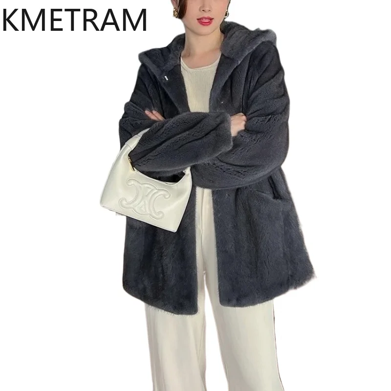 سترة KMETRAM من فرو المنك المخملي ذو العلامة الأرجوانية الطبيعية للنساء معطف فرو حقيقي متوسط الطول مع غطاء محرك السيارة ملابس شتوية 2025 شوروبا