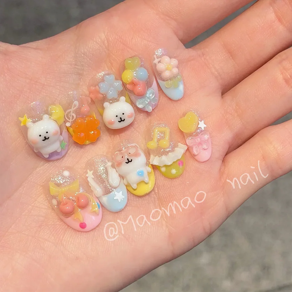 Cute Cartoon Bear Rilakkuma Dot Star Glitter Press-On Nails Heart Flower Musical Note Bow Ellipse Fake Nail Party Accessories view 4