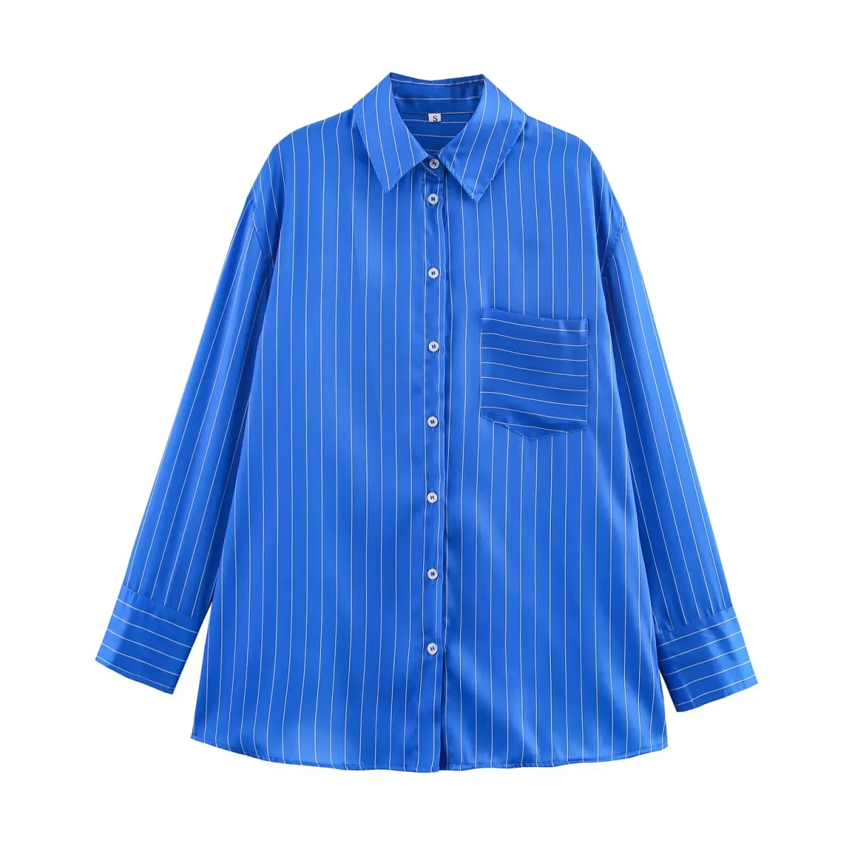 

2025 new women's European and American style loose lapel long sleeve single-breasted pocket striped shirt