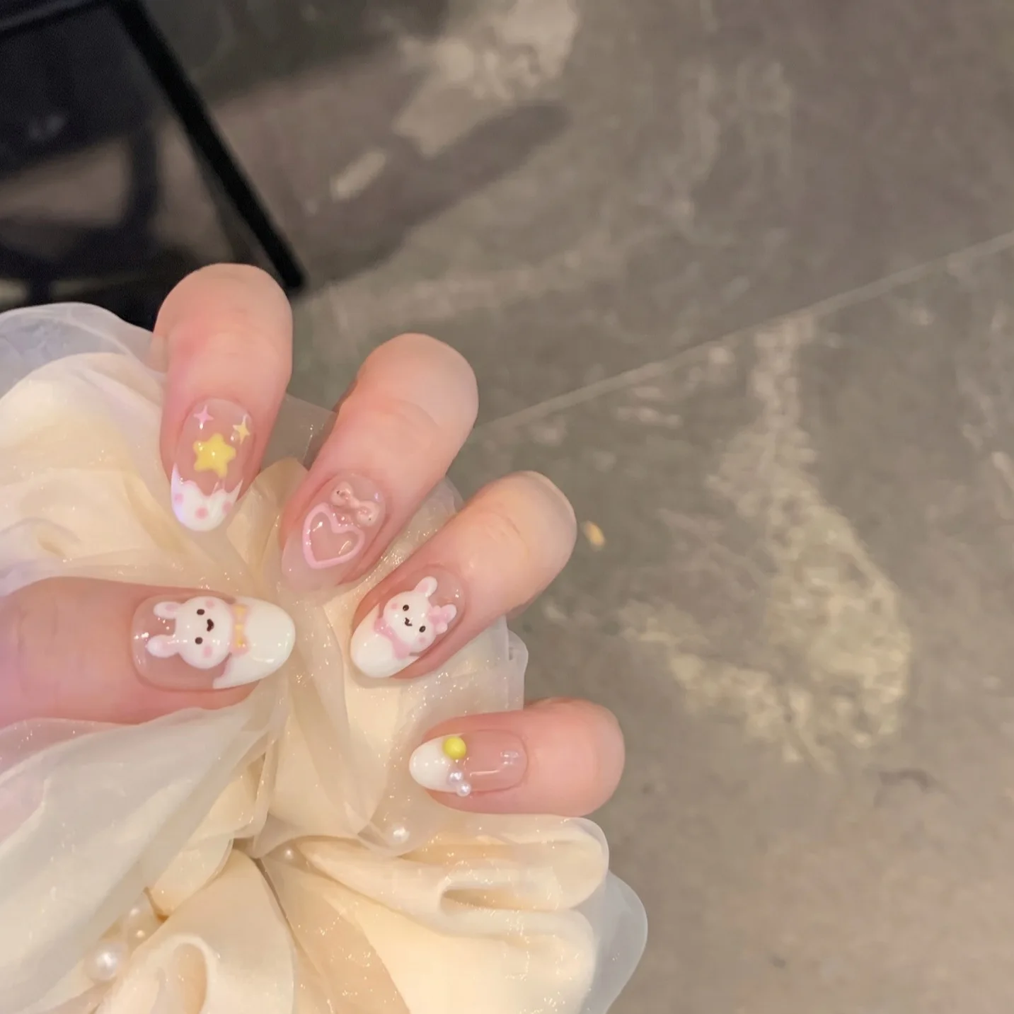 10pcs Cute Rabbit Press On Nails Pink Cartoon DIY Hand Painted Bowknot Rabbit Cream Nude Oval Wearable False Nails for Girls