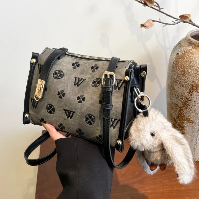 Women Vintage Washed W Embossed Box Crossbody Bag Workwear Style Mini Shoulder Purse With Fluffy Bunny Charm