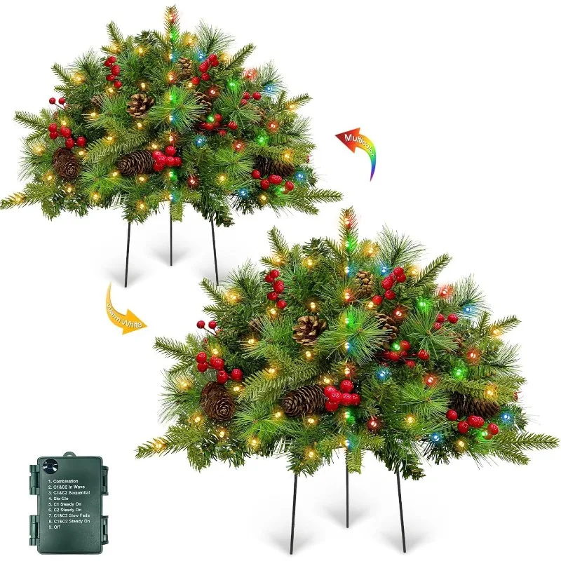 Dual Color Change & Timer 2 Pack 21 Inch Outdoor Christmas Tree Urn Fillers with 8 Mode Warm White & Multi