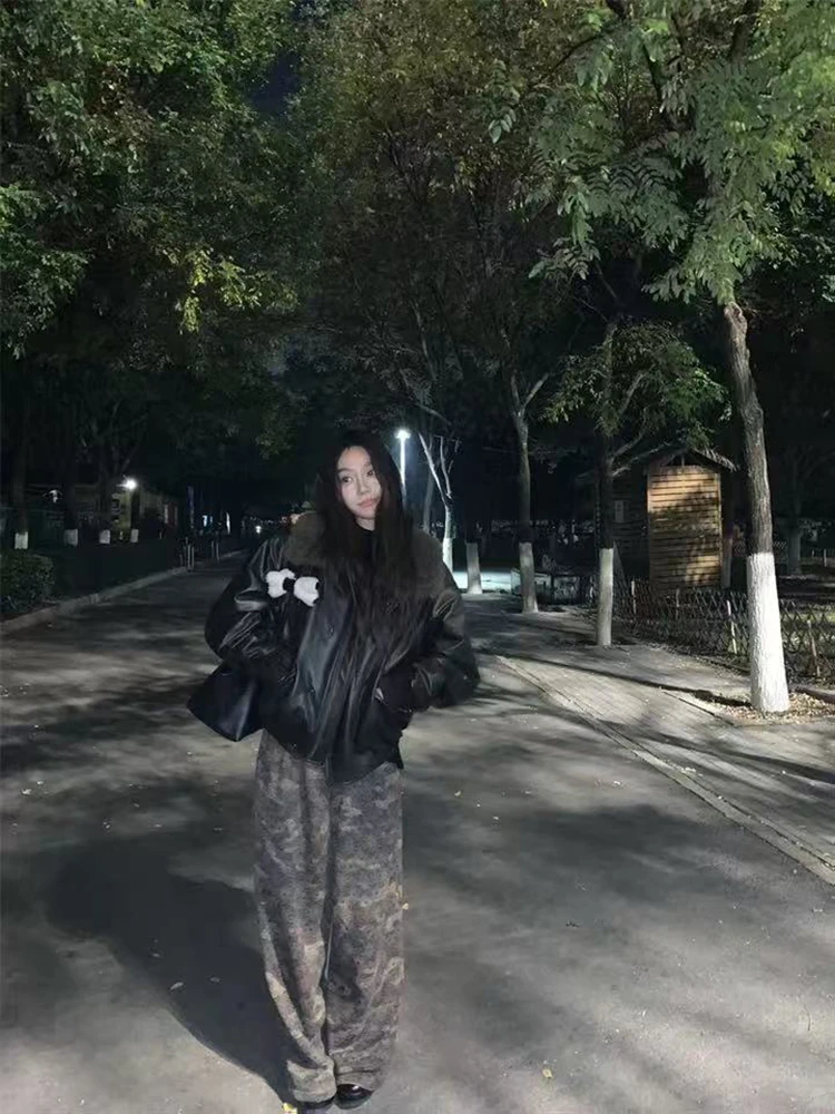 سترات نسائية كلاسيكية من جلد البولي يوريثان Y2K ملابس خروج أمريكية فضفاضة بياقة قطيفة معاطف Bf Harajuku ملابس خارجية دافئة جديدة