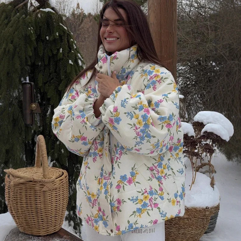 

Printed Stand-Up Collar Zipper Padded Coat Women's Fashion Long Sleeve Pocket Loose Padded Jacket Winter New Casual Wear