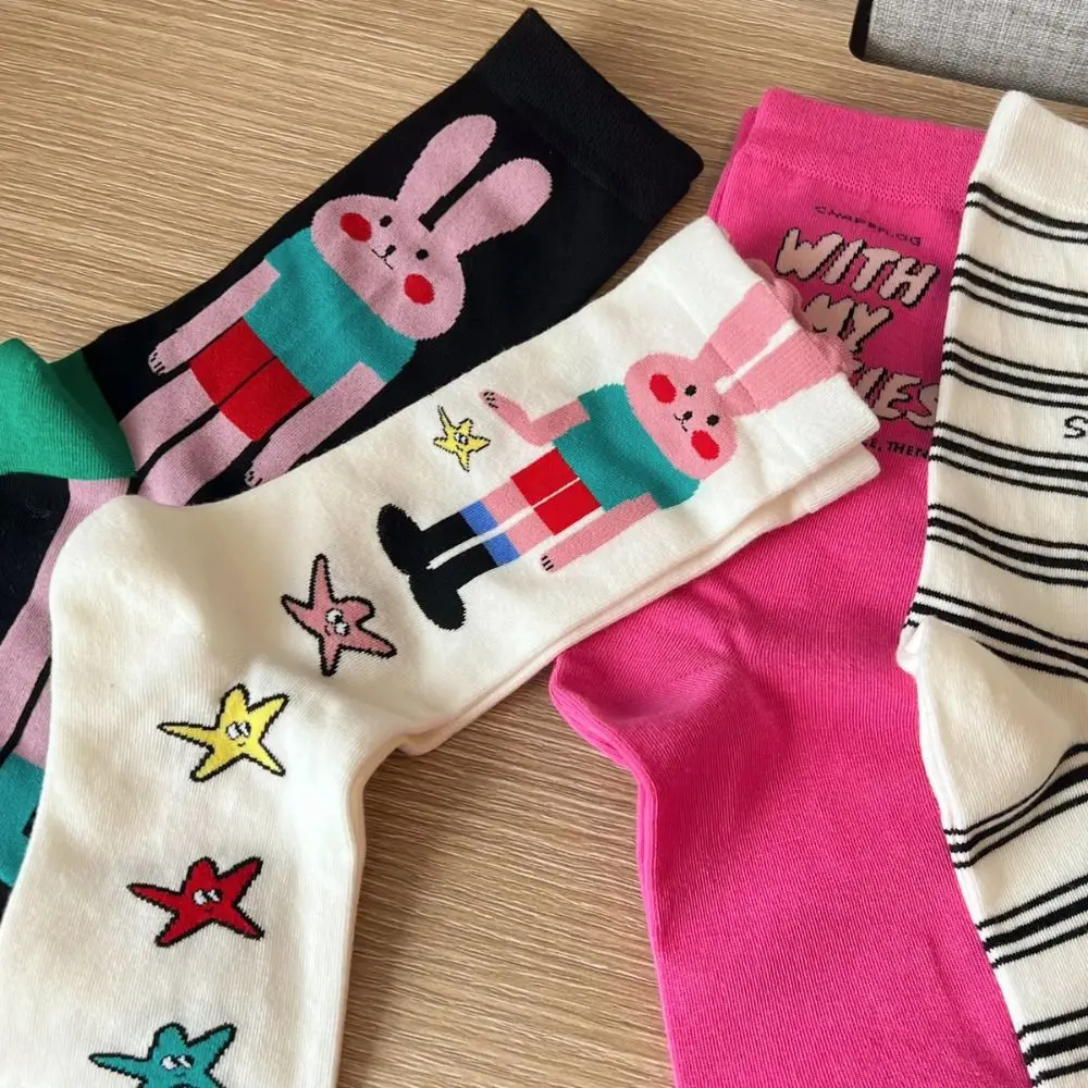 5Pairs Breathable Rabbit Letter Mid-Calf Socks Stripe Multicolor Cartoon Socks Hosiery Harajuku Tube Socks Women Outdoor