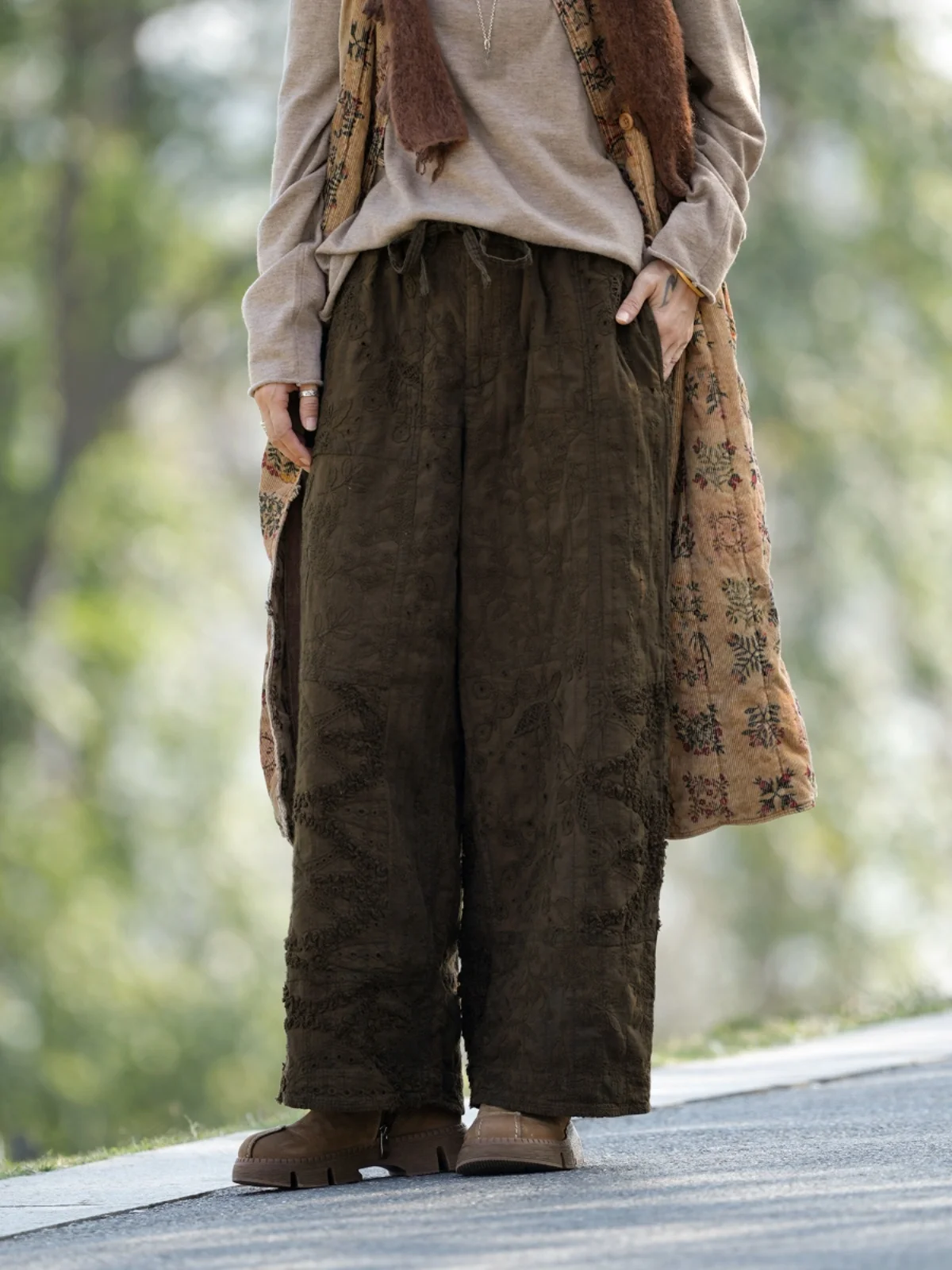 

Ji Jian KT445 Cotton Plant Dye Embroidered Straight Leg Pants Commute Sle l Waist Ladies Casual Trousers