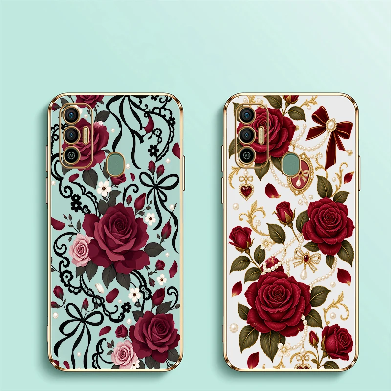 Red Rose Bow tie Pattern Phone Case For Tecno Spark 20 Pro 8C 7 Pro 7T 6 Go 1 5Air Plating Silicone Soft Anti Scratch Cover Capa - view 6