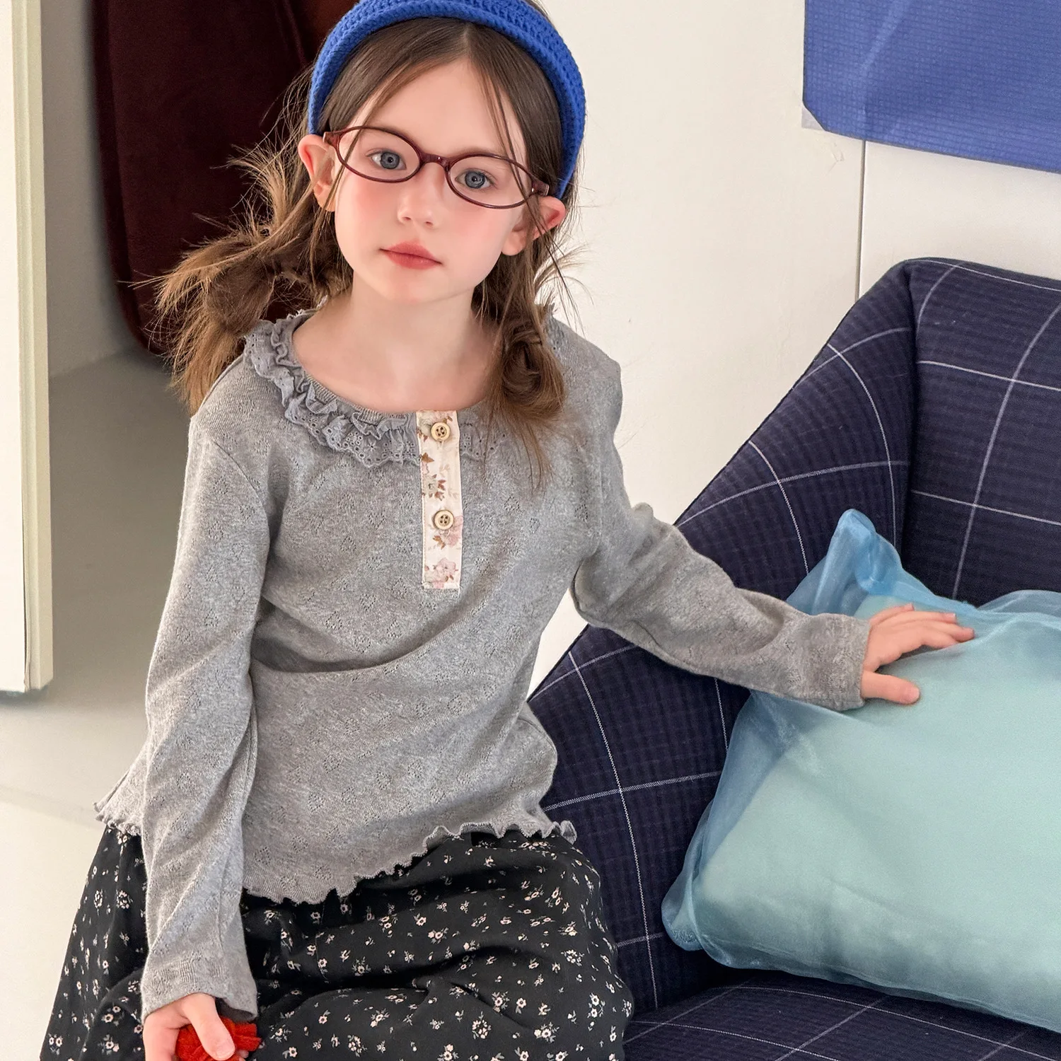 2026 Girls' Spring and Autumn Ear Shape Pure Color Base Shirt Long-Sleeve T-Shirt Girls' New Korean Shirt