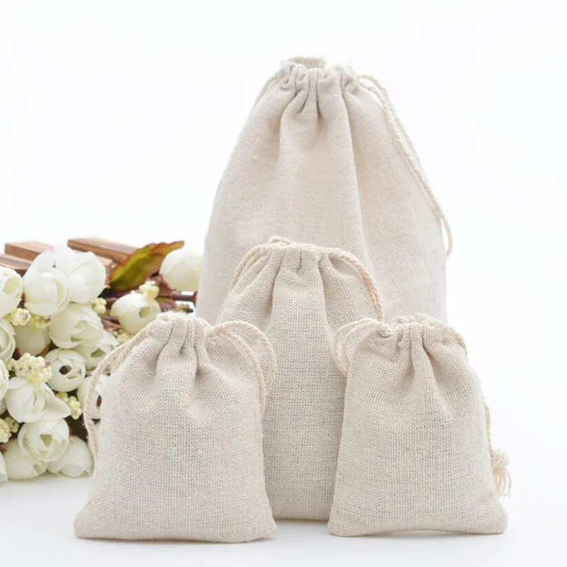 White Linen Bundle Pocket Vintage Closure Linen Bag Eco-Friendly Drawstring Cotton Linen Simple Storage Bag Gift Bag