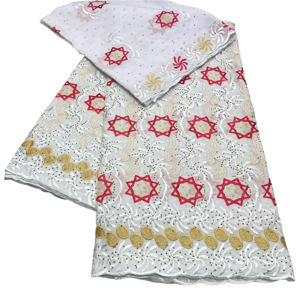 2025 New Arrivals African 100% Cotton Embroidery Lace Fabric 5+2 Yards Swiss Voile Lace With Stones For Women Party Dress 23A138