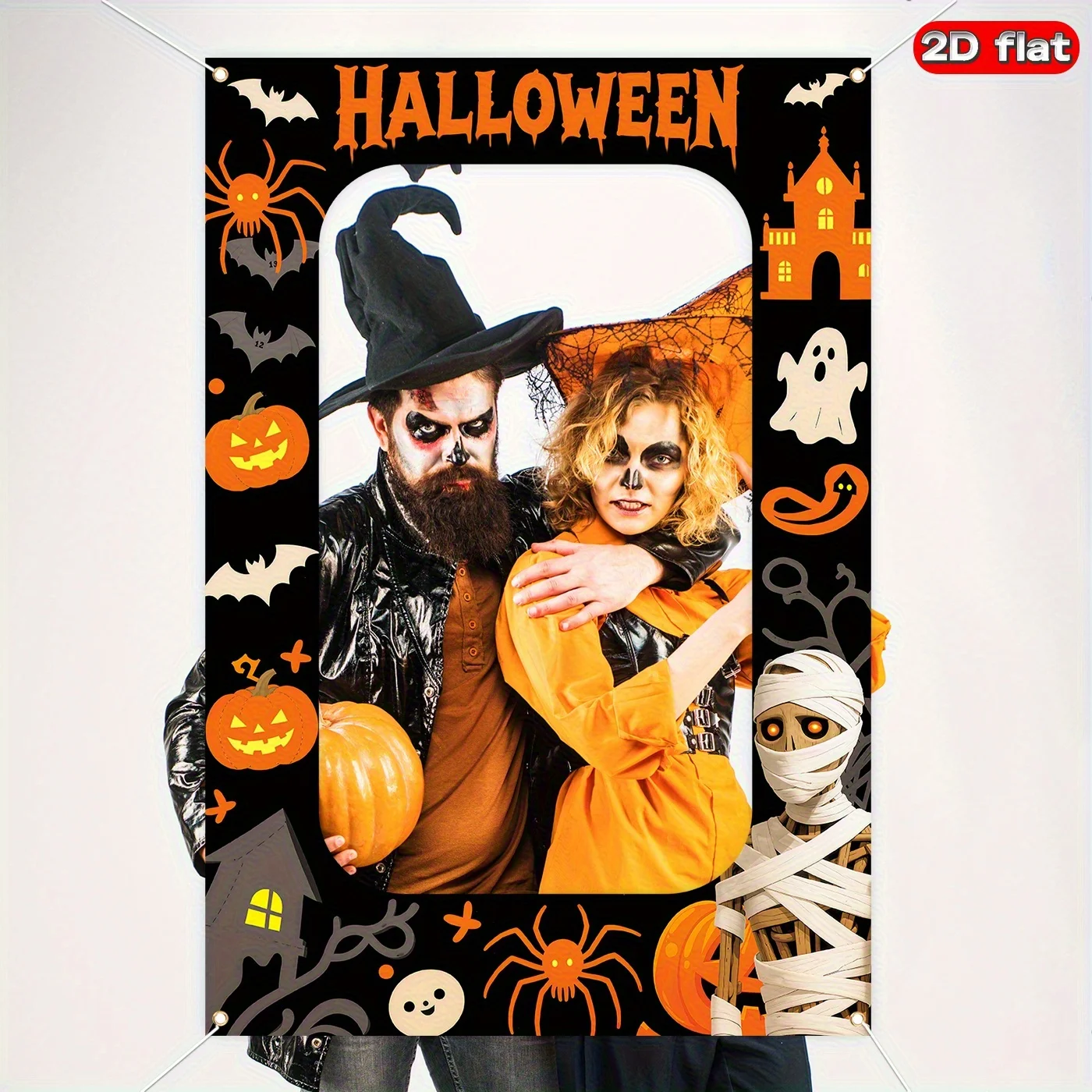 Halloween-Fotorahmen-Banner mit Kürbis-, Fledermaus-, Geister- und Schlossmuster, geeignet für die Halloween-Party-Dekoration