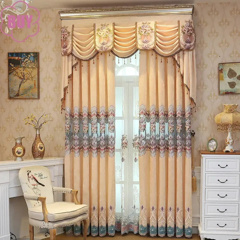 European-style Curtain for Living Dining Room Bedroom Light Luxury Beige Chenille Embroidered Valance Window Tulle Screen Custom