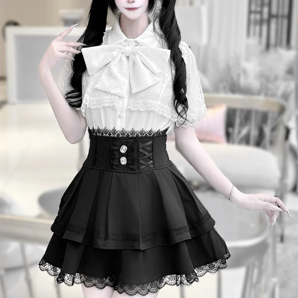 Japanse Mijn In massa geproduceerde Lolita Korte Mouw Zomer meisje Vrouwen Subcultuur Kant Cape Boog Lolita Shirt Top Mini rok