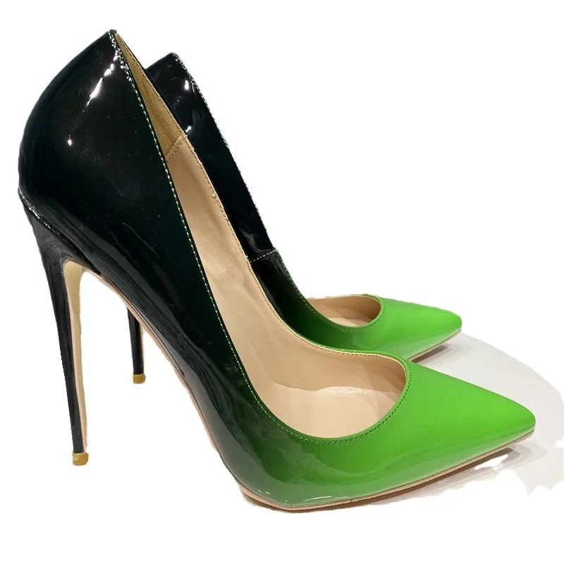 New color blocked pointed sexy 12cm high heels, ultra-fine heels, shallow mouth shoes, gradient color, plus size single shoes
