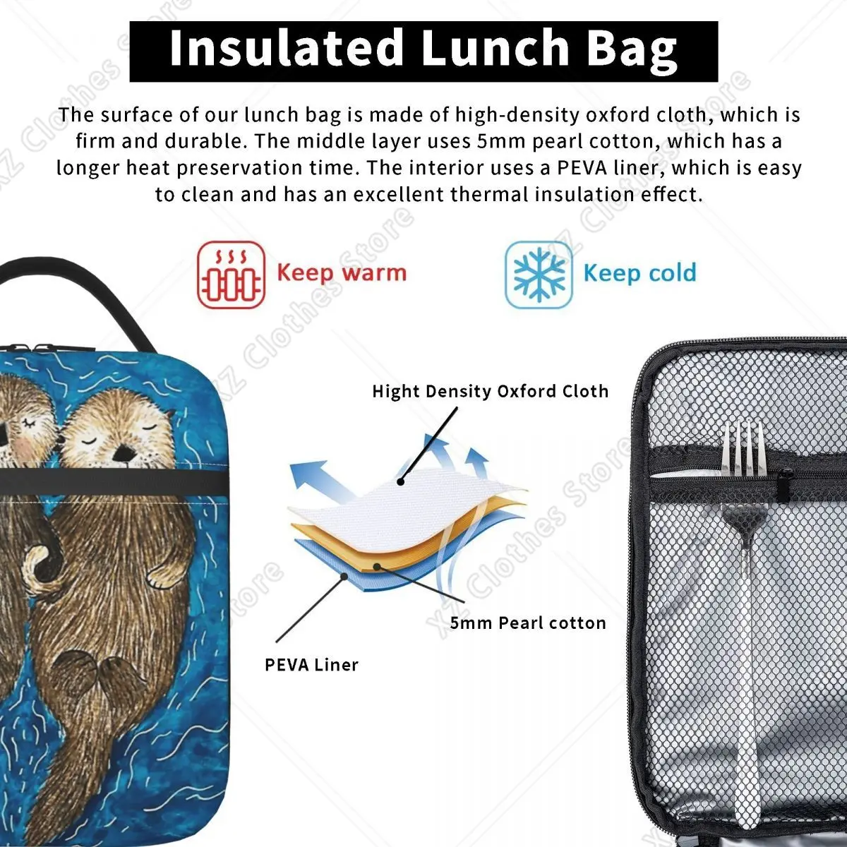 Otter CUTE SLEEP Insulated Lunch Bag for Women Children Portable Food Boxes Thermal Lunch Box Tote