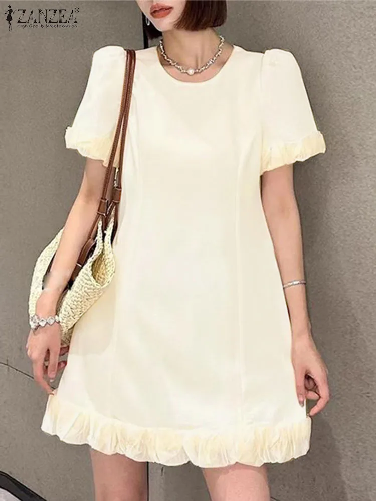 

Elegant Summer Short Sleeve Ruffles Dress 2024 ZANZEA Fashion OL Work Knee-length Sundress Casual Solid Patchwork Party Vestido