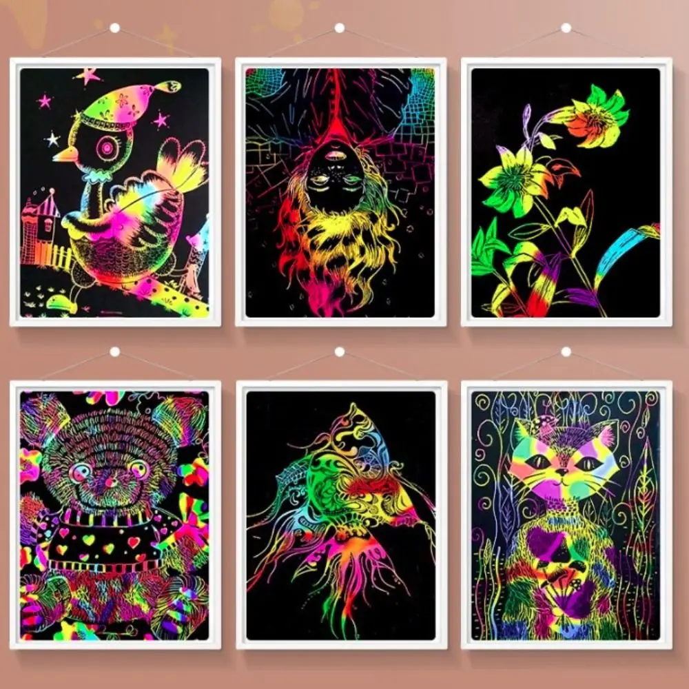 10PCS Rainbow สี Scratch Art กระดาษการ์ดชุดการศึกษา Graffiti ลายฉลุ Magic Scratch Card ชุดวาด Doodle