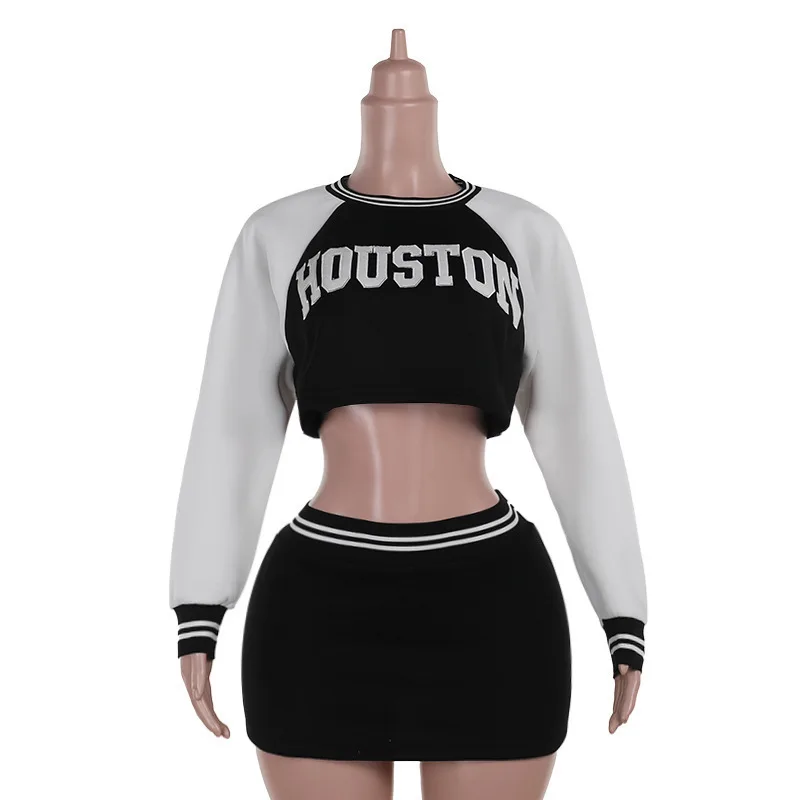 Sifreyr Street Trendy Casual Letter Printing Baseball Skirts Set Long Sleeve Round Neck Hoodie Line Splicing Short Skirt Suit