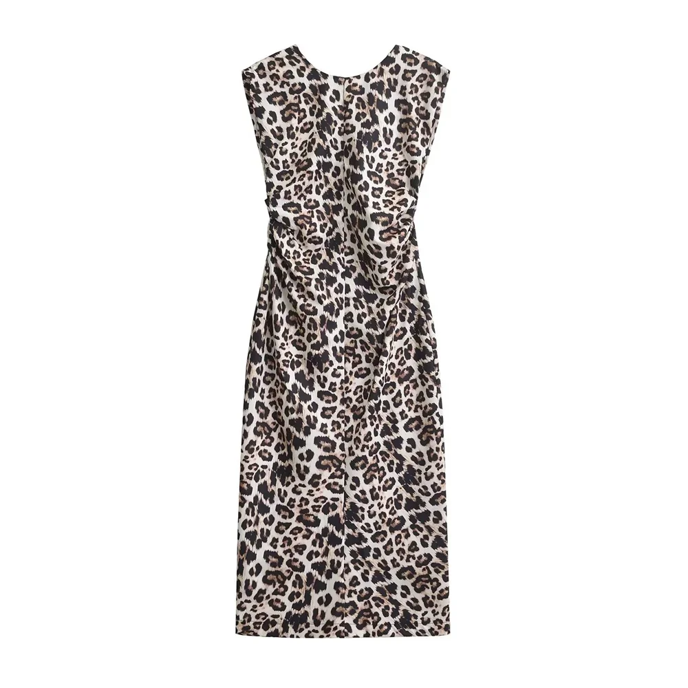 PB&ZA 2024 summer new women's fashion temperament leopard print round neck slim sleeveless slim dress