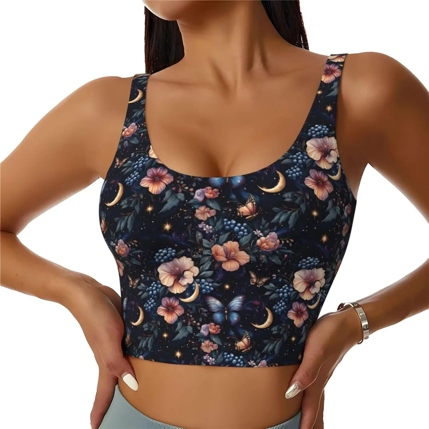 

Спортивные бюстгальтеры для женщин с высокой поддержкой, бабочка, цветок, лунное небо, принт для бега, спортивная тренировка, укороченная майка