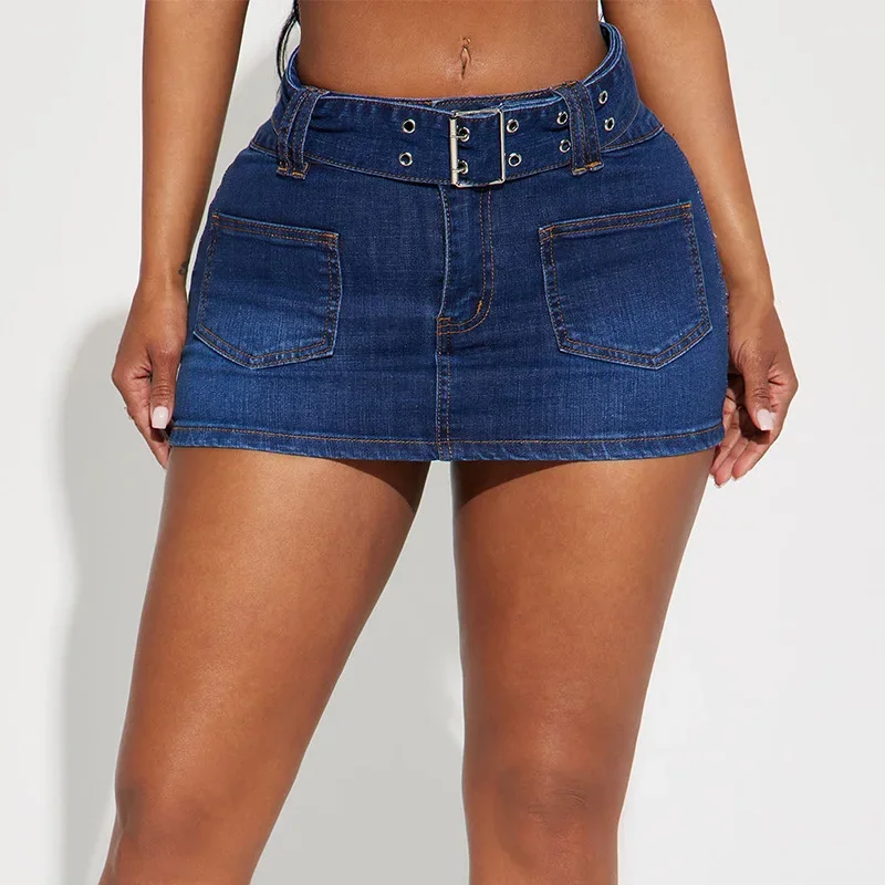 

Denim Short Skirt for Women Sexy Slim Fit Vintage Pockets Sashes Wrap Hip Skirts 2025 Femme Mini Jean A Line Summer Streetwear