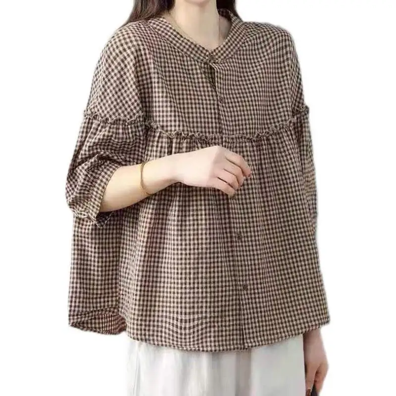 النمط الياباني القطن والكتان منقوشة قميص المرأة الصيف جديد خمسة بوصة كم الإناث بلوزة أزياء المرأة قمم