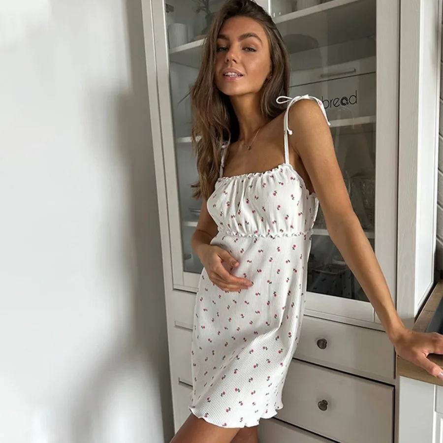 

【New style】Spring and summer women's clothing printed suspender square collar lace fungus edge casual sexy home nightdress dres