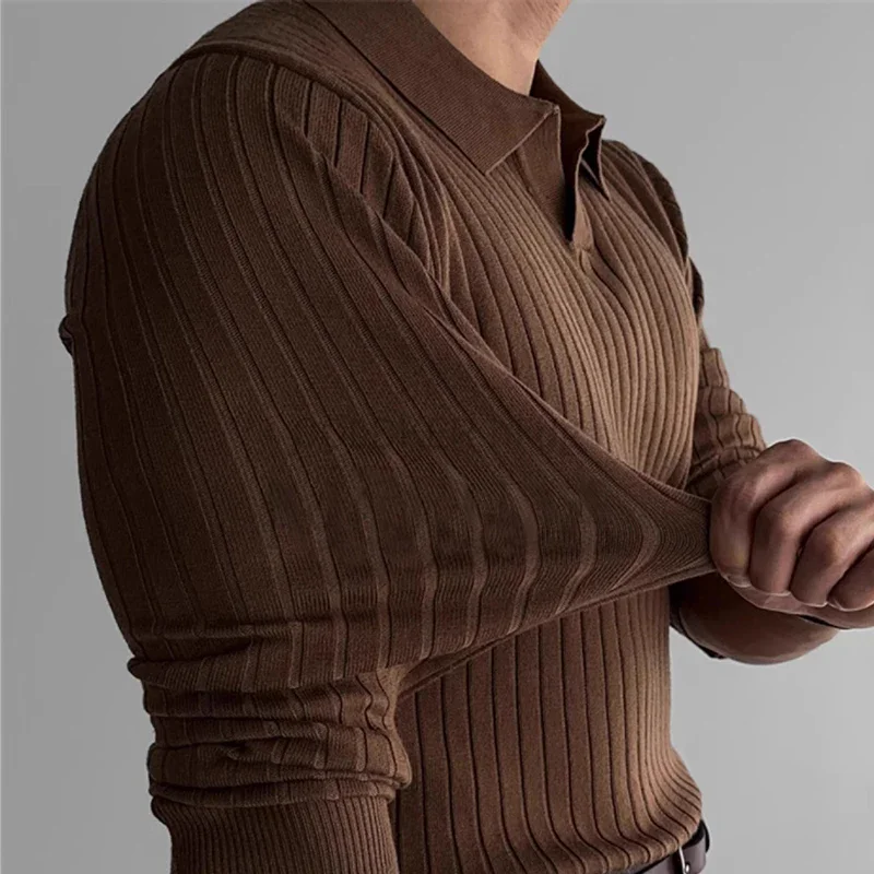 Autumn Clothing Men's Ribbed Knit Sweater V Neck Polo Shirts Casual Long Sleeve Polo Shirt Korean Pullover Tops Leisure Knitwear