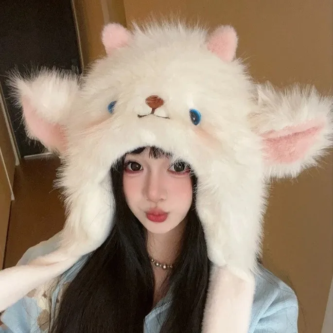 

Winter Cartoon Lamb Plush Hat with Movable Ears for Women Girls Warm Fleece Lined Ear Protection Cold Weather Beanie Cap