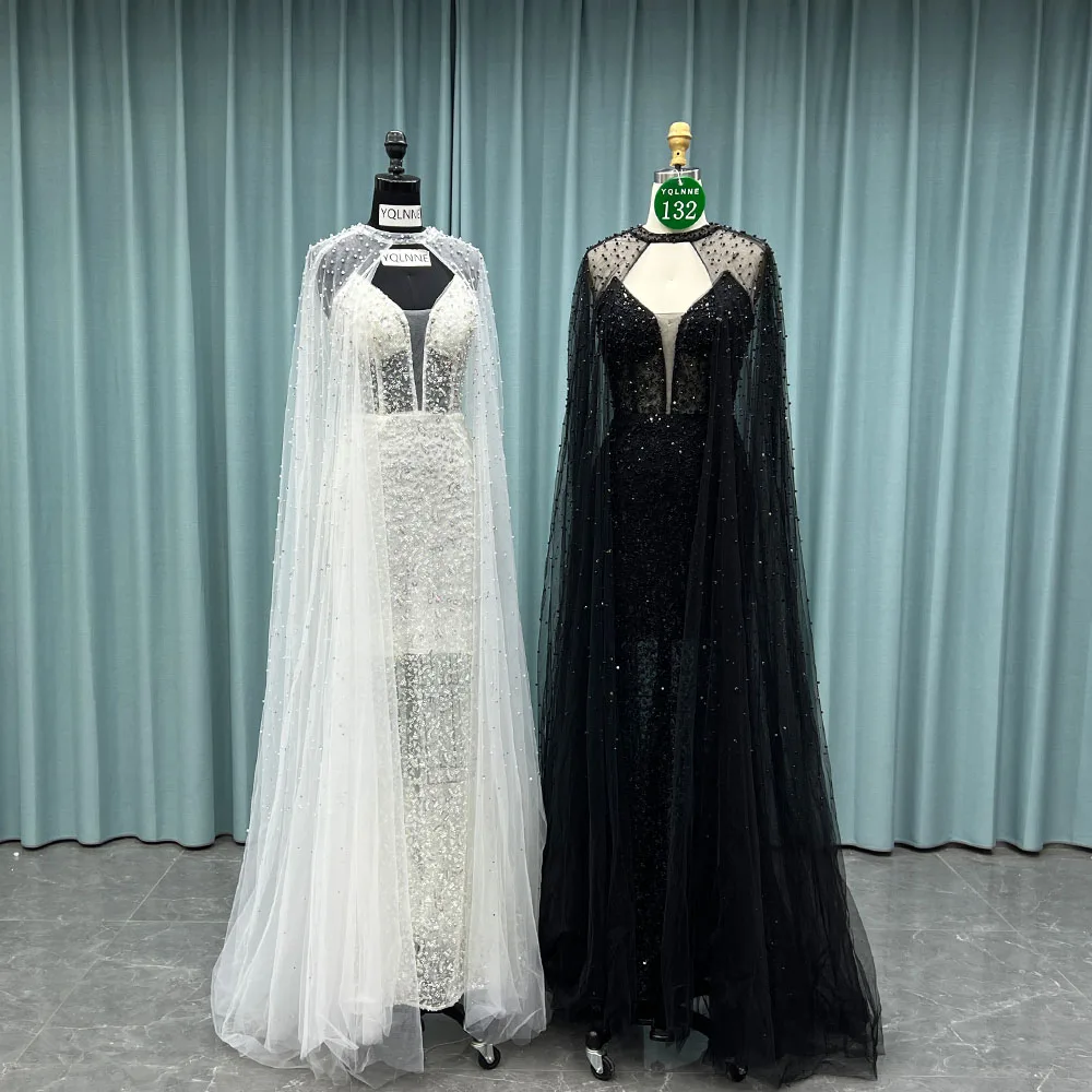 

YQLNNE 0132 Black Pearls Beaded Mermaid Evening Dresses With Long Capes