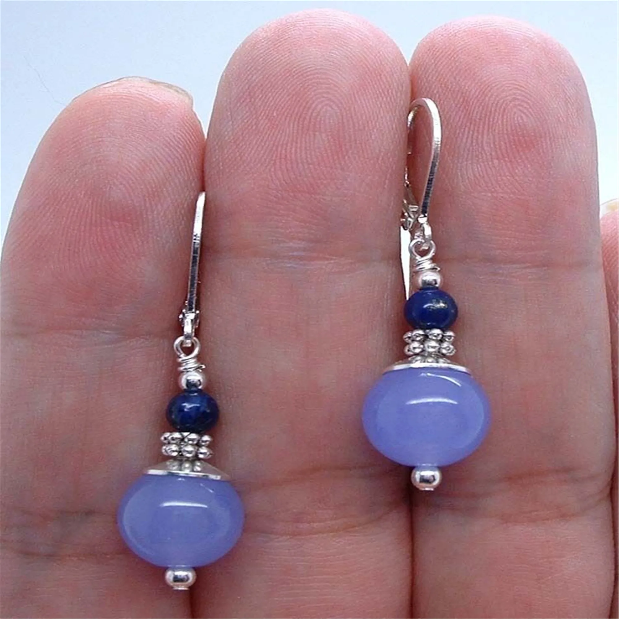 Dainty Lavender Jade Blue Lapis Lazuli SS Earrings Lever backs Hoop Ear Gold Teens  Bridal Dangling Earbob